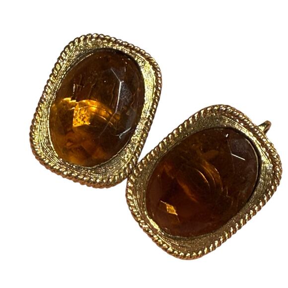 Sarah Coventry Signed Amber Rhinestone Gold Tone Clip On Earrings Vintage .75" - Picture 1 of 7